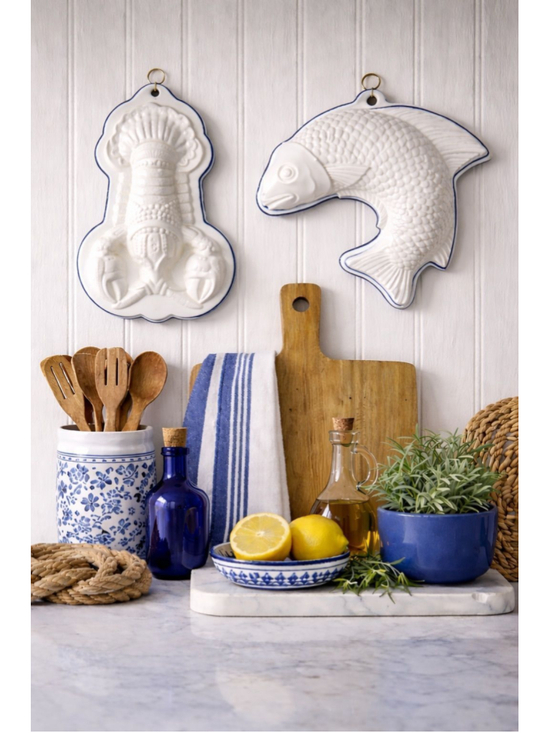 Unbranded Other - Vintage Blue Rim Stoneware Fish & Lobster Wall Decor Coastal Kitchen Set